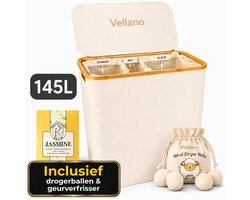 Vellano Wasmand 3 Vakken – Wassorteerder met Deksel – 145L – 3 Uitneembare Waszakken – Bamboe Frame – Incl. Drogerballen & Jasmijn Geurverfrisser