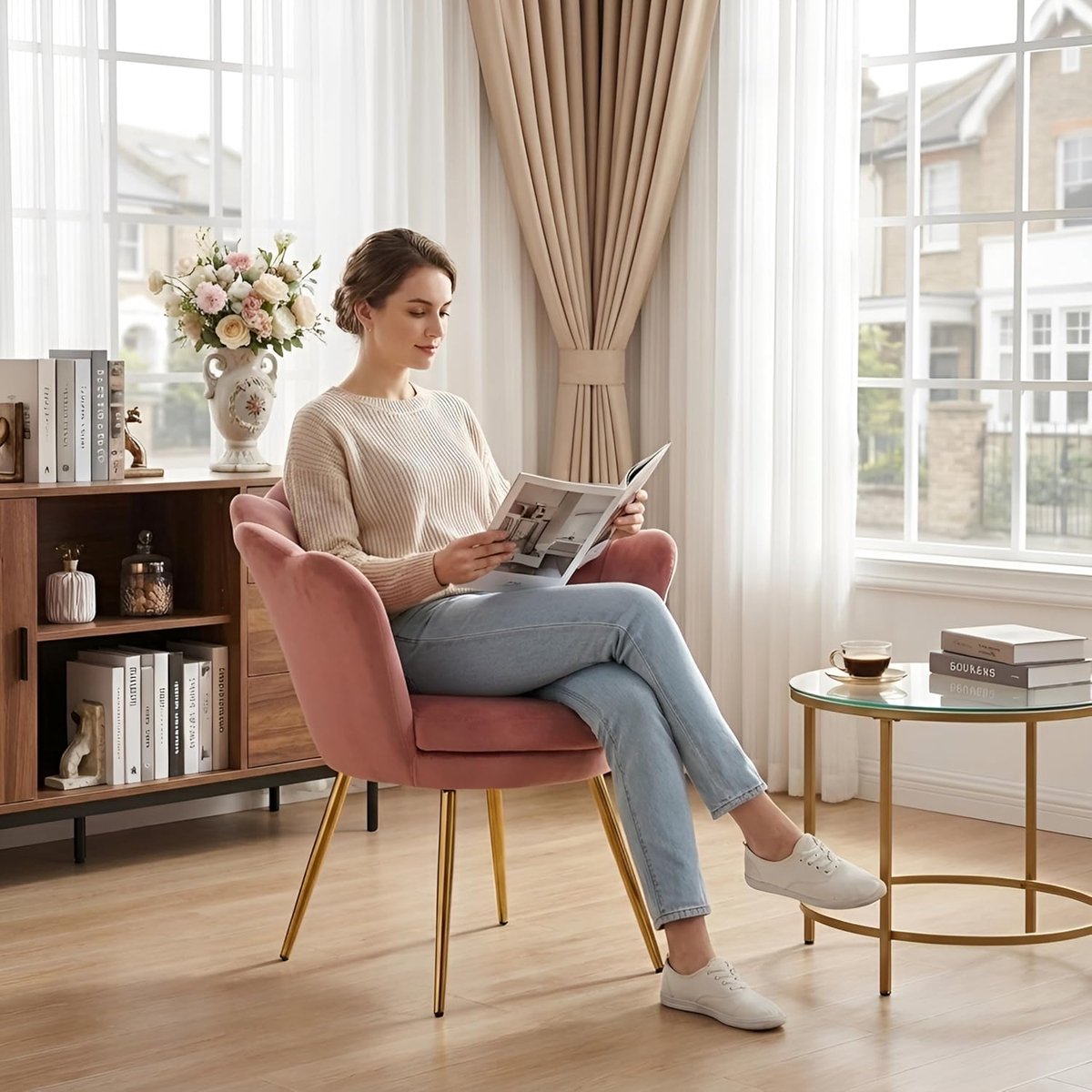 Make-uptafelstoel Schelpstoel Teddystof - Loungestoel met Armleuningen, Gouden Metalen Poten, Fauteuil Zwart voor Woonkamer en Slaapkamer - 42x44x76 cm - Vermissen