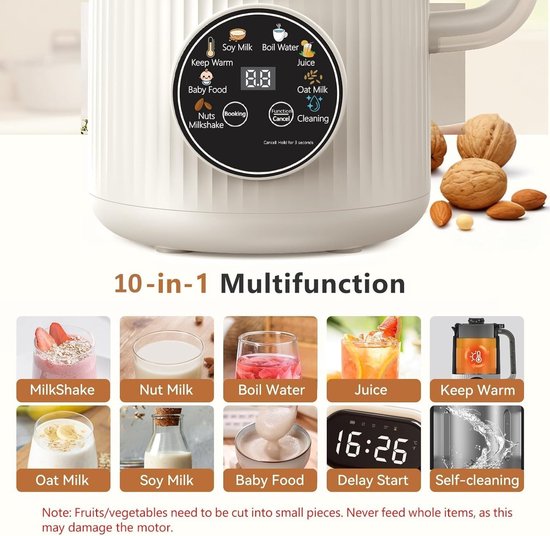 Elektrische blender -Elektrische Shakebeker - 10-in-1 notenmelkmaker - Filterloze sojamelkmaker - Met roestvrijstalen deksel - Voor amandelmelk, havermelk, kokosmelk, sap, plantaardige melkmaker en blender - wit van Merkloos — afbeelding 2