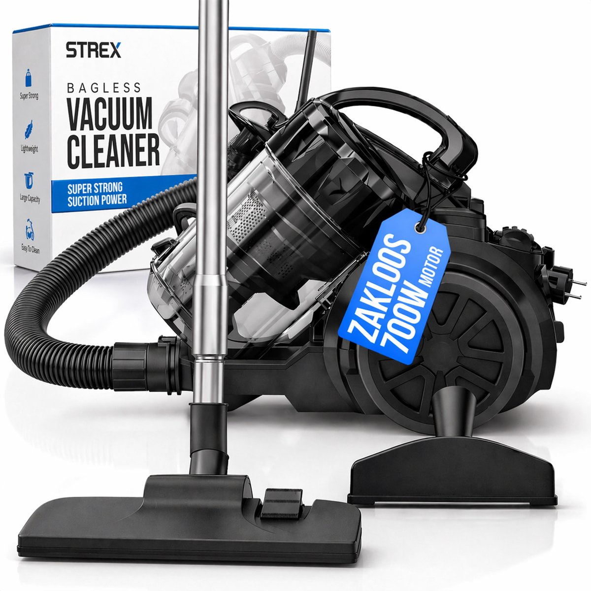 Strex Stofzuiger Zonder Zak - 700W Krachtige Zakloze Stofzuiger - HEPA Filter - 2.5L Stofreservoir - Extra Lang Snoer - Inclusief 4 Opzetstukken — afbeelding 1
