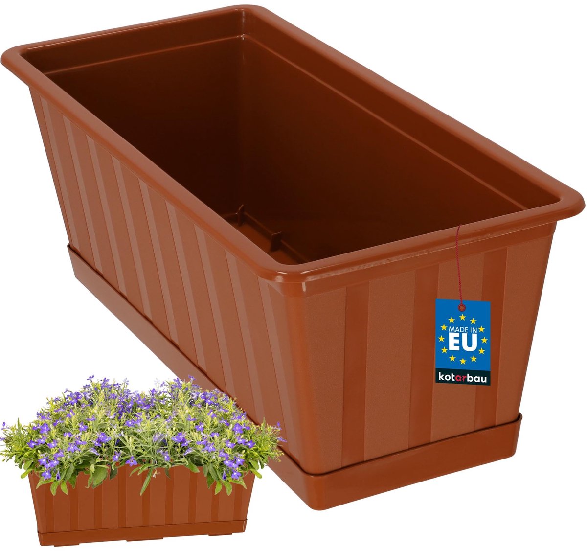KOTARBAU® Balkonbak, Bloembak voor Balkon, Kunststof, 40 x 18 x 14 cm, Plantenbak, Terracotta, Plantenbak Balkon, met Schotel, Rechthoekig