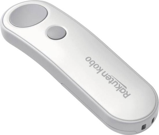 Witte Kobo afstandsbediening met twee knoppen, 'Rakuten Kobo' logo.