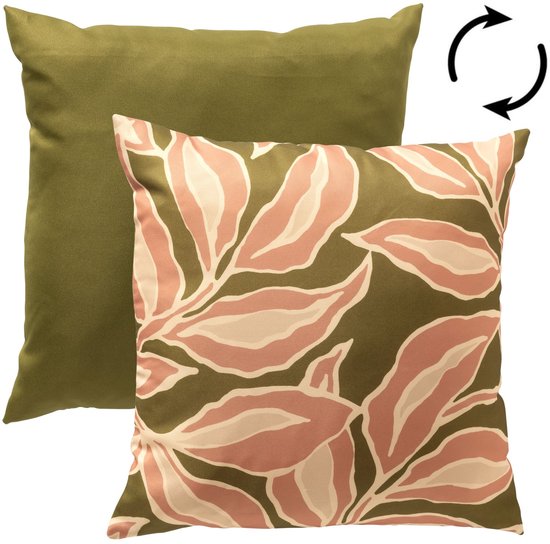 Coussin carré avec un motif de feuilles vertes aux tons roses et beiges sur une face.