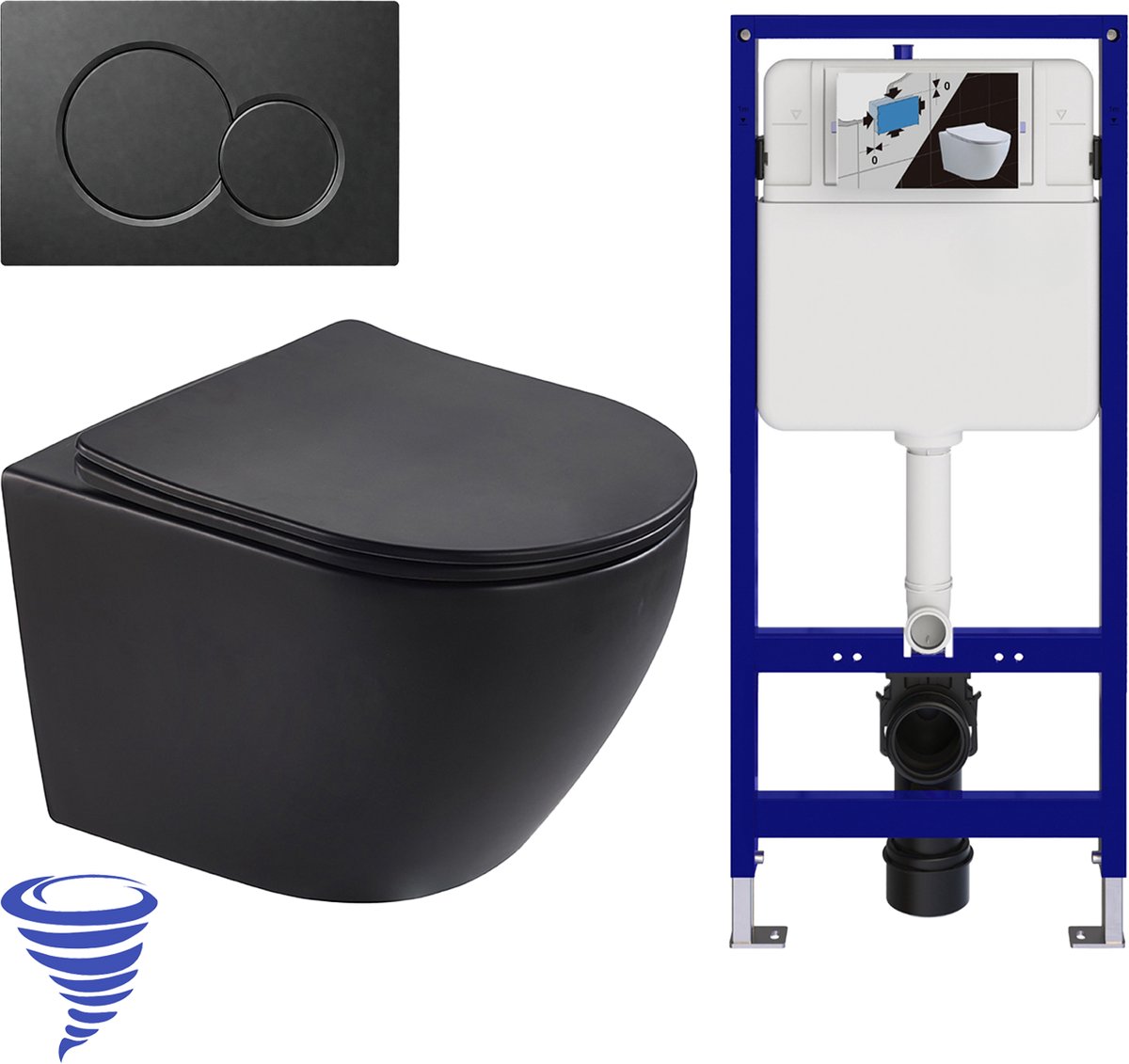LOMAZOO Hangtoilet met Inbouwreservoir - Rond Zwart - Drukplaat Rond Zwart - Linea