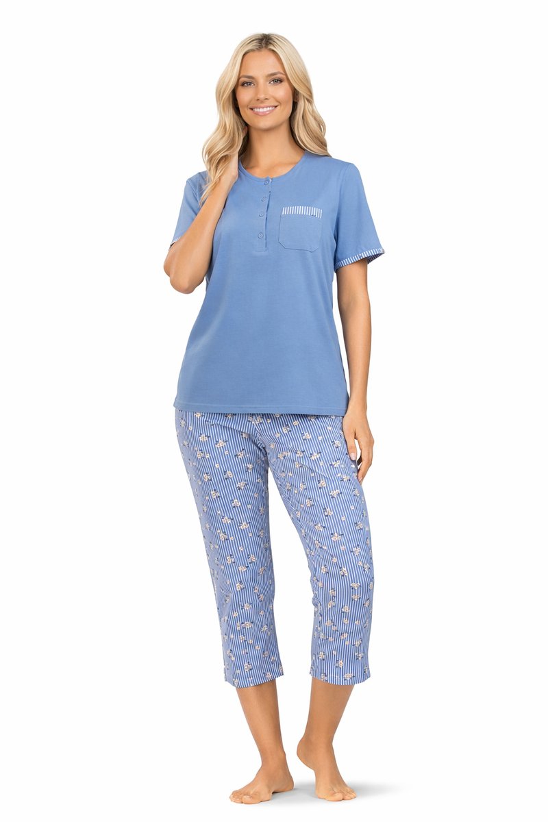 Comtessa Dames Pyjama – Zomer – 7/8 Broek – 100% Katoen – Blauw Blauw, flowers