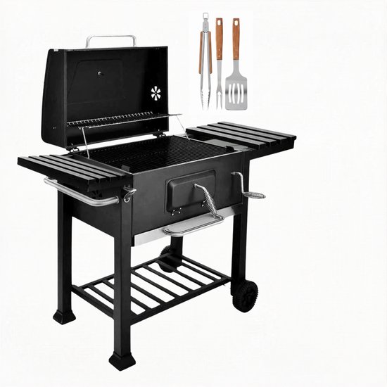 Relaxdays Houtskool BBQ Grillwagen met Deksel - Zwart