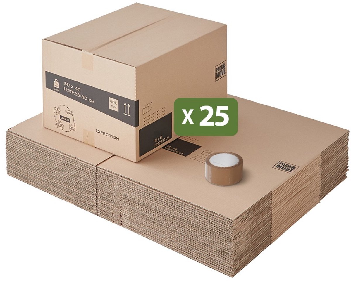 Pack and Move - Set 25 verhuisdozen variabele hoogte : variabel - 50 x 40 x 20-30 cm - Versterkte handgrepen - 1 tape gratis
