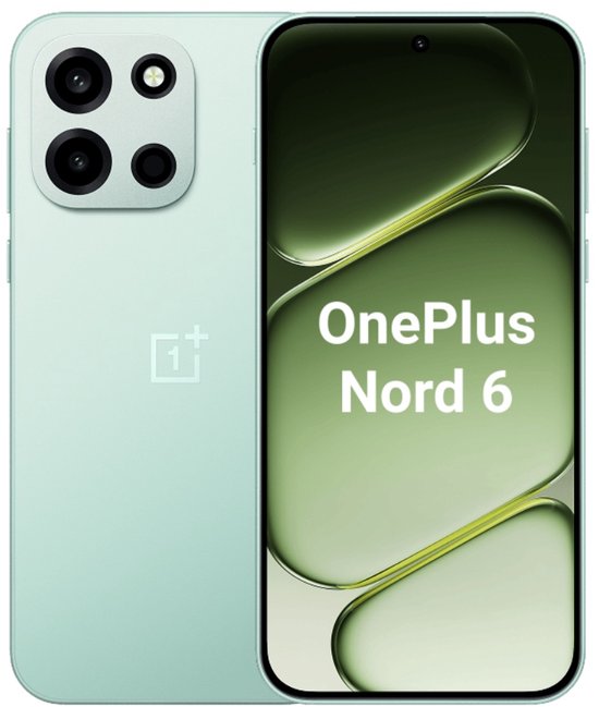 Mintgroene OnePlus Nord 6 5G smartphone, achterkant met camera module en voorkant met "OnePlus Nord 6" tekst.