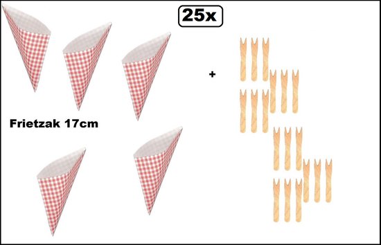 25 papieren puntzakken met rood-wit geblokt patroon, 17 cm, plus 25 houten vorkjes.
