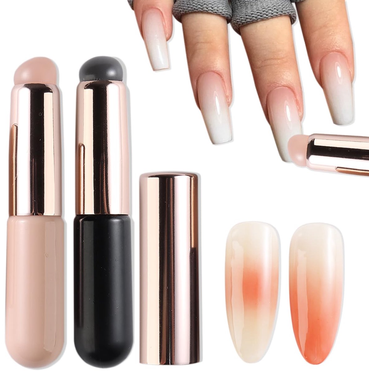 OLOEY Siliconenborstel voor ombre nagelkunst-2 herbruikbare gelnagellakborstels voor nageldesign met kleurverloop-siliconen pen met chroompoederapplicator-zachte stempel voor nagelkunst-manicuretool