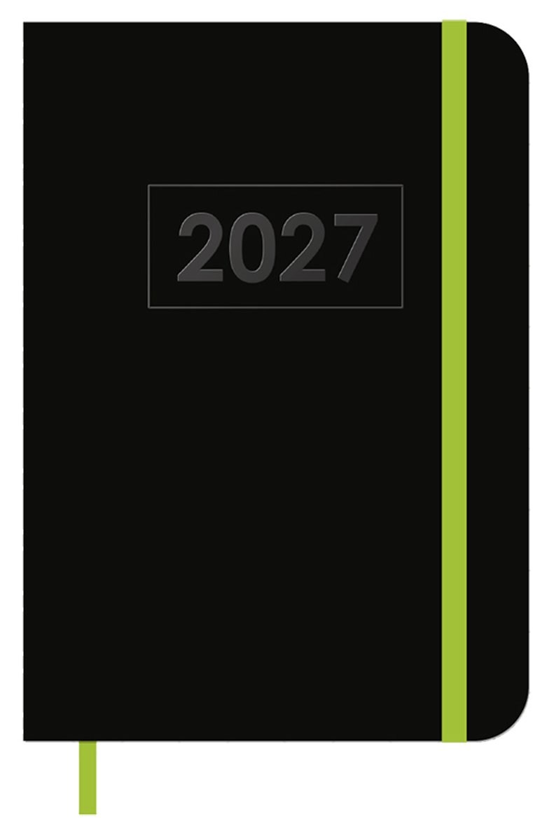 MGPcards - A6 Agenda 2027 - Sluiting Elastiek - Weekoverzicht 1w/2p - Zwart + Groen elastiek - Ruime vakken - 10,5 x 14,8 cm