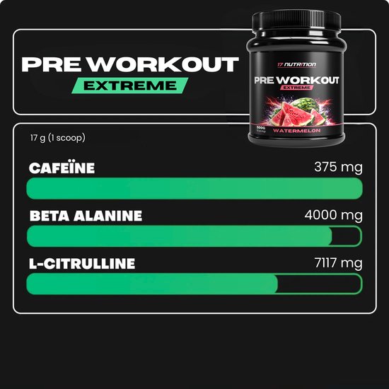 Zwarte pot met Pre Workout Extreme Watermeloen smaak. Bevat cafeïne, bèta-alanine en L-citrulline.