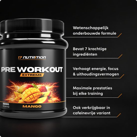 Zwarte pot Pre Workout Extreme Mango smaak. Wetenschappelijk onderbouwde formule met 7 ingrediënten voor energie en focus.