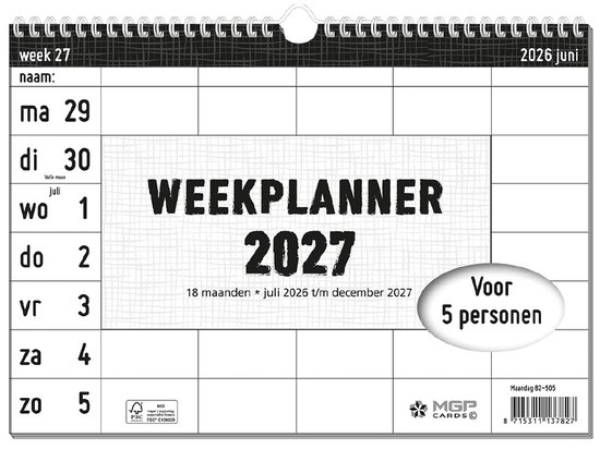 MGPcards - 18 Maanden Familieplanner 2027 - Week Kalender - 5 Personen - Gezinsplanner - Familyplanner - Nederlandse en Belgische feestdagen - juli 2026 t/m december 2027 - 27 x 24,5 cm
