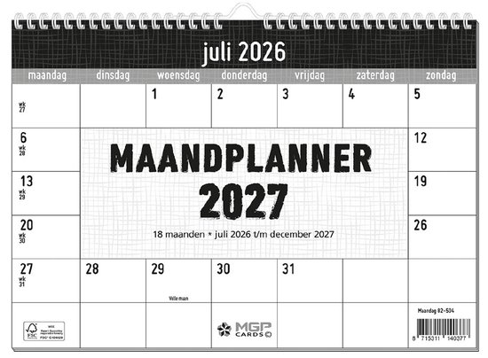 MGPcards - 18 Maanden planner 2027 - Maandplanner - Maand kalender - Nederlandse en Belgische feestdagen - juli 2026 t/m december 2027 - 27 x 24,5 cm
