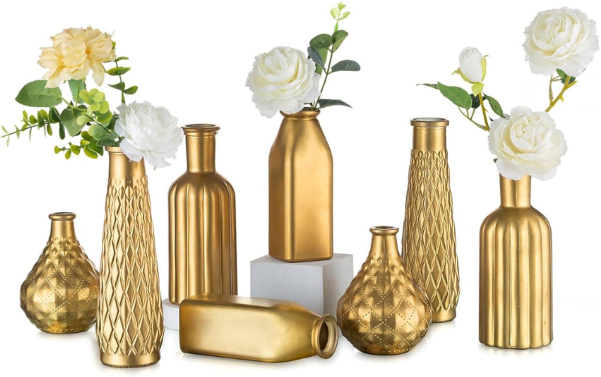Kleine gouden vaasjes met glazen knopjes: Set van 8 vaasjes voor bloemen, tafeldecoratie, bruiloftscenterpieces, decoratieve vintage kristallen accessoires voor huis en woonkamer.