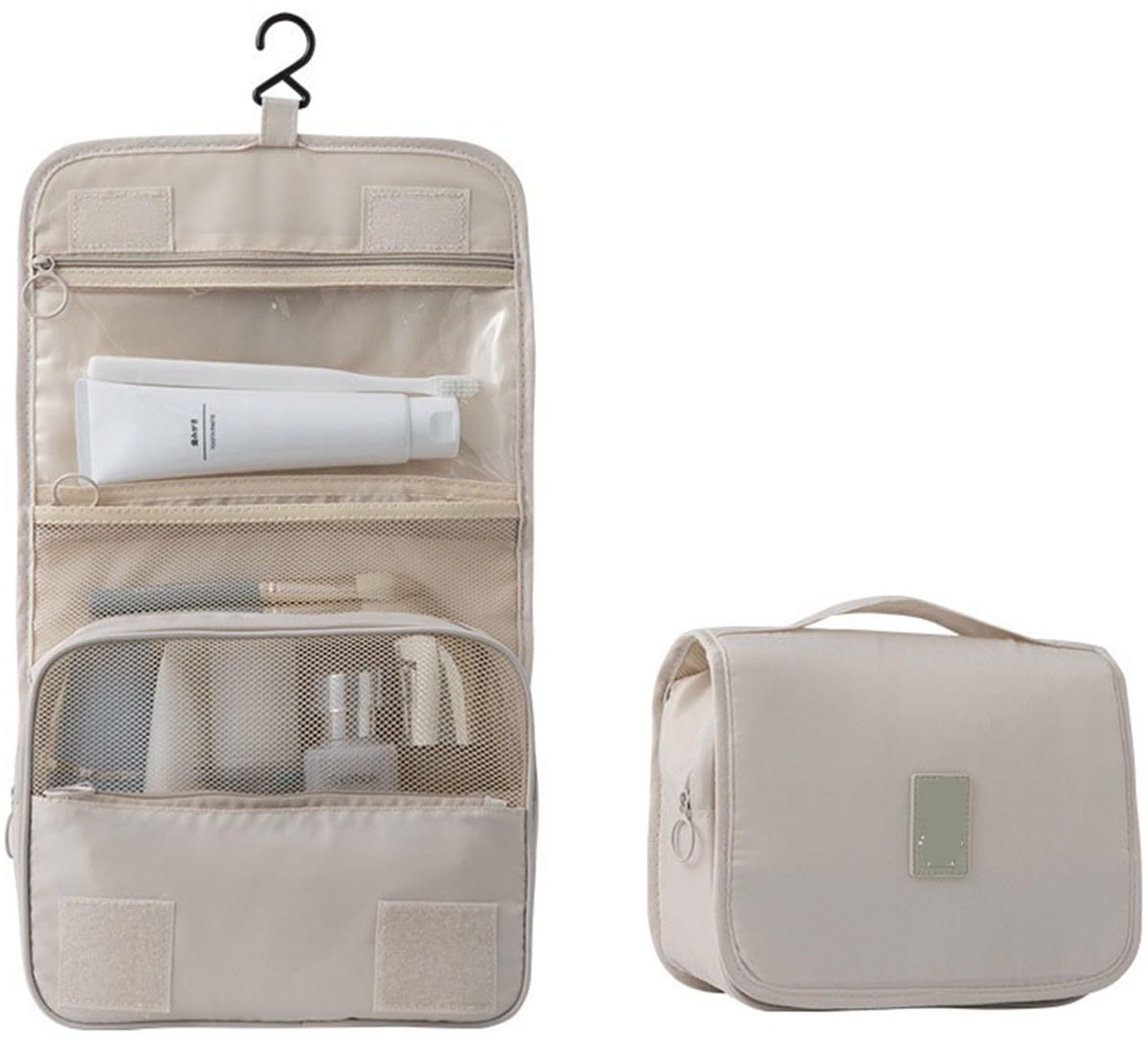 carmdering - Reistoilettas - Toilettas - Cosmetische tas - Opbergtas - Lichtgewicht en opvouwbaar, van zacht en stevig materiaal - Perfect voor reis, sport en dagelijks gebruik - Inklapbaar tot compact formaat, past in koffer of onder bed - Beige