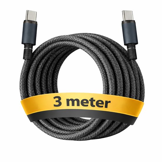 Un câble USB-C enroulé avec un ruban jaune indiquant '3 meter'.
