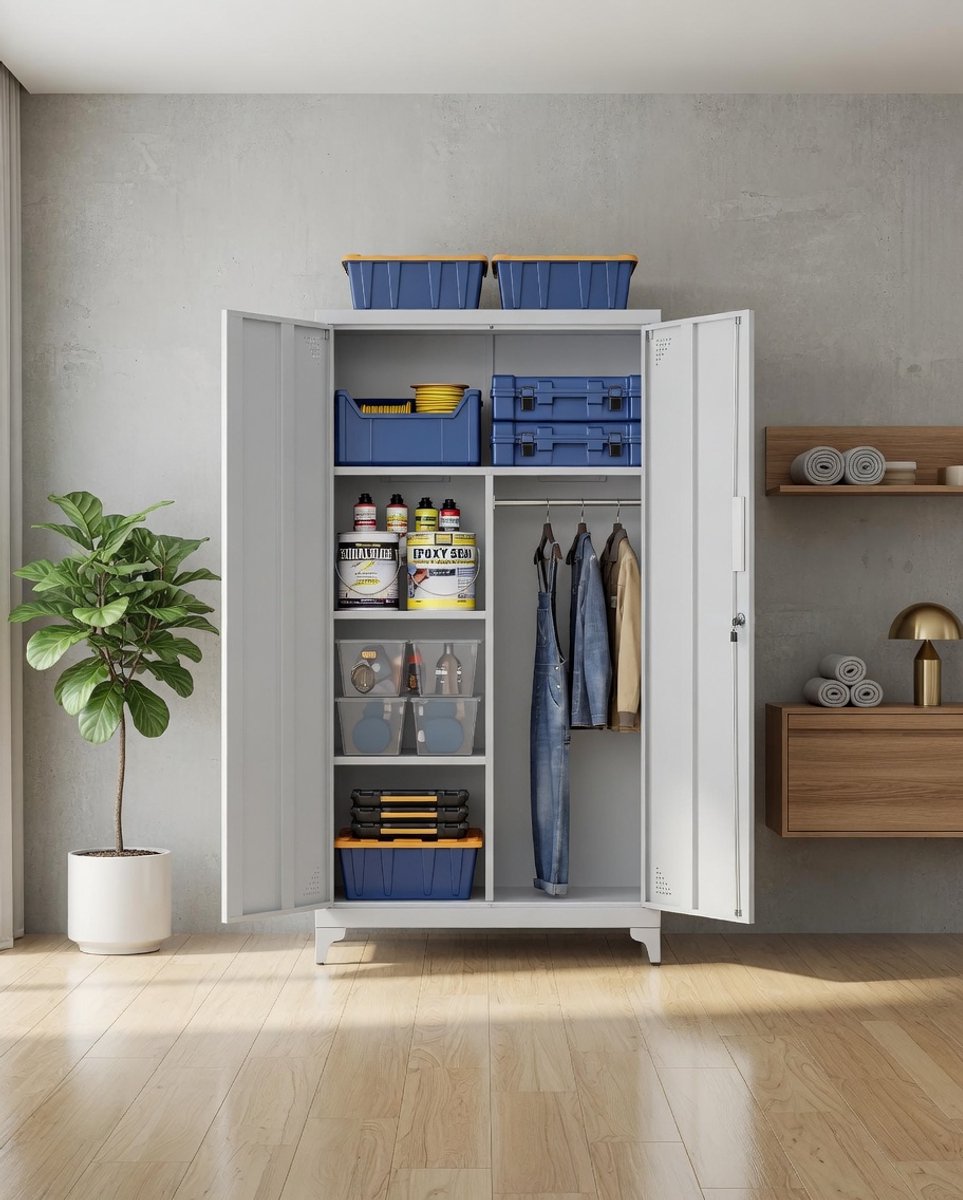 Multifunctionele Metalen Opbergkast / Garderobekast / Archiefkast met Slot – 80x40x165 cm – Matgrijs – 5 Vakken + Hangstang – Stalen Kast voor Kantoor, Garage, Berging en Thuis Mobili Bella