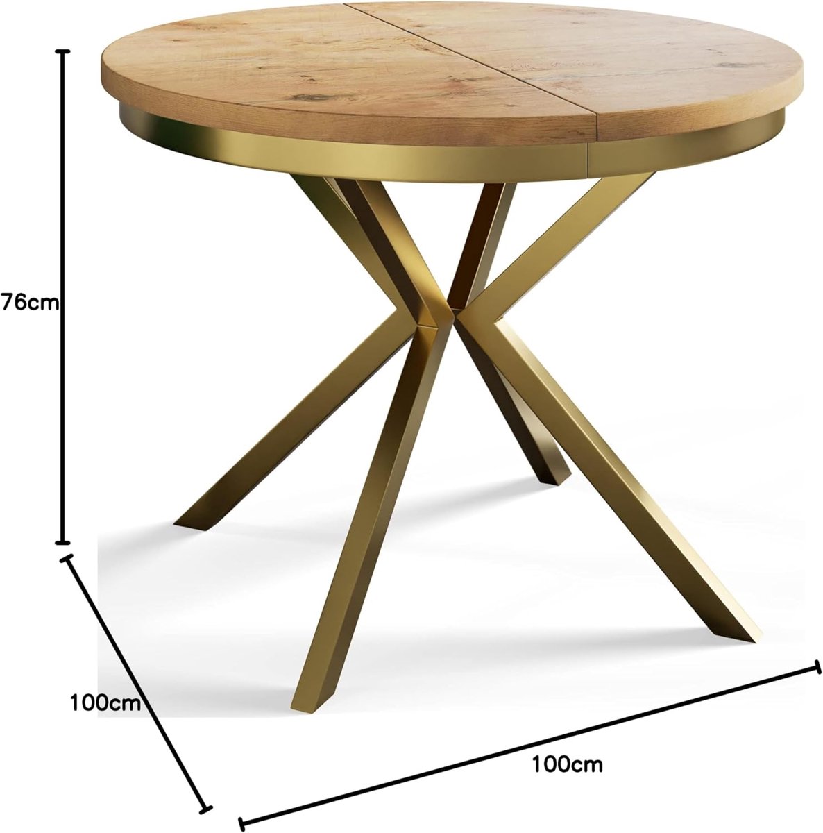 Uitschuifbare Ronde Eettafel 100–180 cm – Moderne Design Eetkamertafel met Metalen Gouden Poten, Lichtbruine Woonkamertafel voor 4-8 Personen – BERGO – Laura
