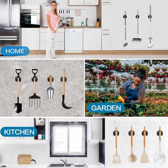 Mop Houder - 3 Stuks - Bezemhouder - Bezem Houder - Bezem Ophangsysteem - Bezem Houder - Wandhouder - Hanger Achter De Deuren - Badkamer Accwssoires - Keuken Storage Tool - Gereedschapshouder - Tuingereedschap - Rvs - Zwart — afbeelding 4