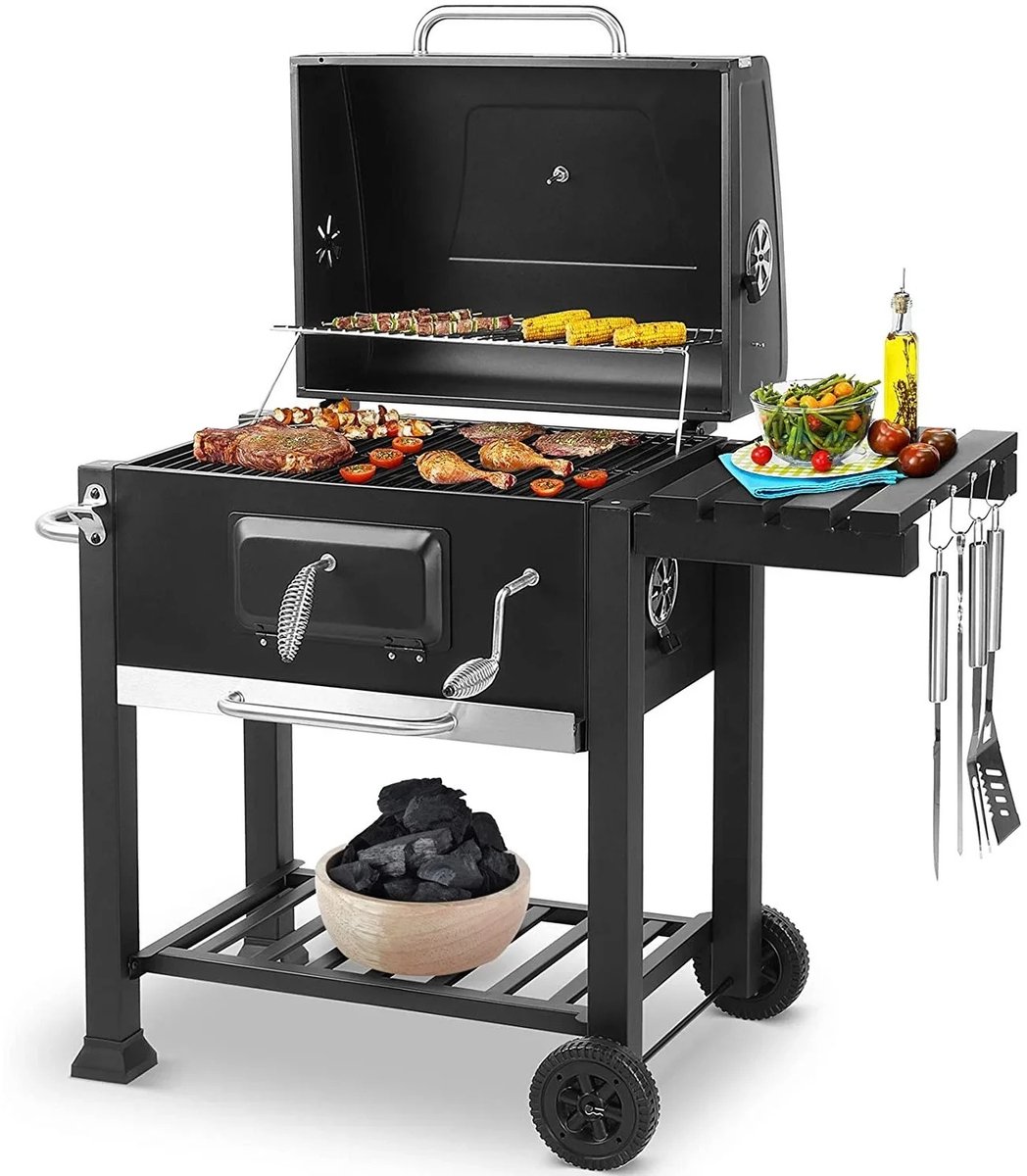 LUMÈ STORE Houtskool BBQ Grill – Trolley Barbecue met Deksel & Thermometer – Groot – Met Wielen, Zijtafel & Aslade – Zwart