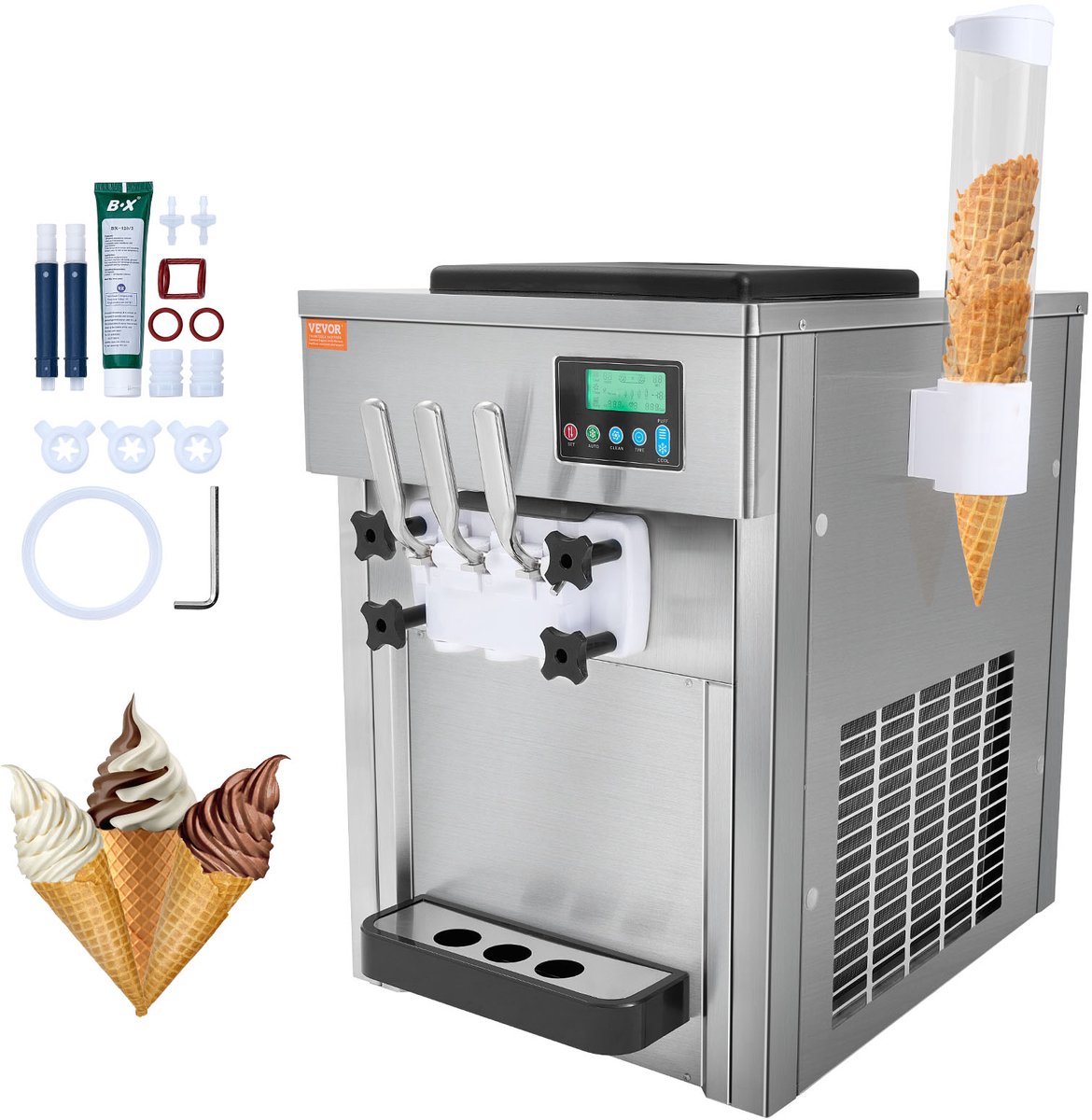 VEVOR Commerciële Ijsmachine, 1800 W, 3 Smaken, Softijsmachine Aanrecht, 2 x 4 Liter Trechter, 2 x 1.8 Liter Cilinder, LCD-scherm, Automatische Reiniging, Voorkoeling