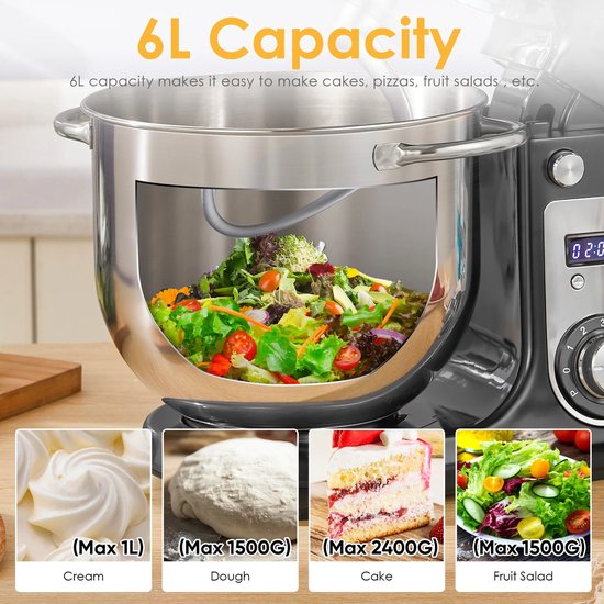 BioloMix 6L Keukenmachine - 1200W Stille Motor - 6 Snelheden - RVS Kom - Met Garde, Klopper & Deegkneder : Metal grey van Merkloos — afbeelding 4