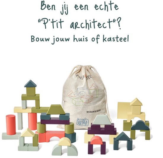Houten bouwblokken met zak. Diverse kleuren zoals groen, roze, geel, paars en grijs. Vormen: huizen, torens, rond, boog.