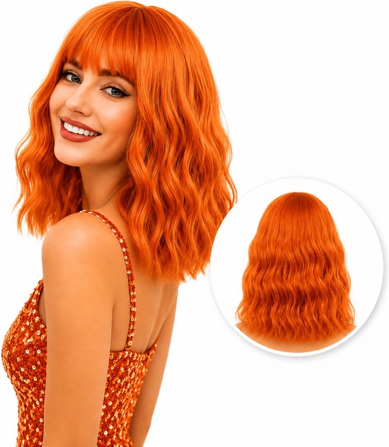 SassyGoods Oranje Pruik WK - Pruiken Dames Kort Haar - Wig - Haren Vrouwen - Verstelbaar - Wasbaar - Koper Ginger - 40 cm
