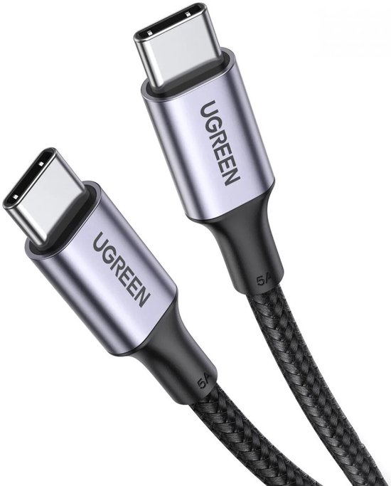 Twee UGREEN USB-C kabels met zilverkleurige connectoren, zwarte, gevlochten koorden en 5A vermelding.