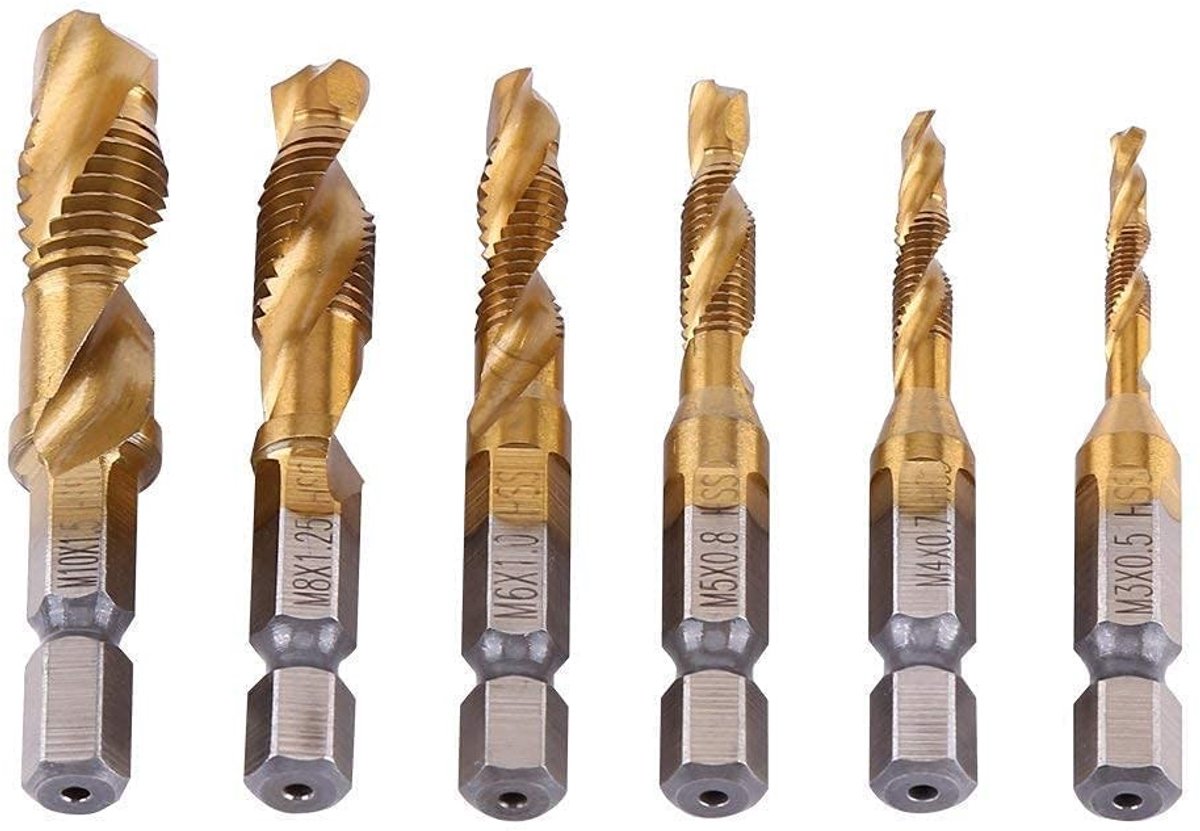 Cosensi - Schroef Tapping Tool, Draad Tap 6 stks Metrische Draad M3-M10 Coated Boor en Tap Bits 1/4 "Zeskantschacht voor Aluminium Koper Schacht Boor Set