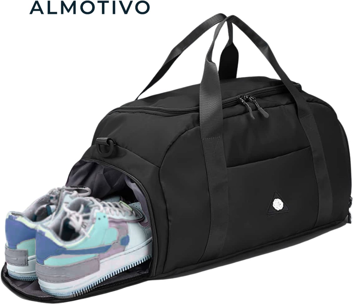 Almotivo Sporttas met Schoenenvak - Waterbestendige Gymtas - Grote Sporttas Heren & Dames - Lichtgewicht Reistas - Zwart 50x24x24 cm