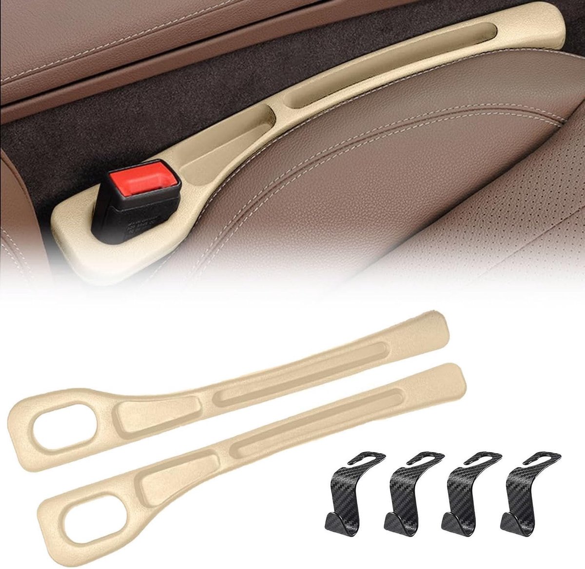 Dailygoods- Opbergbox - 2 Stuks Autostoel Vuller - Universele Autostoel Spleetvuller - Inclusief 4 Opberghaken - PU-Elastomateriaal - Beige - Autostoelvuller