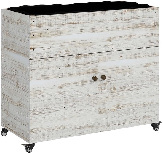 Witte verweerde houten plantenbak met twee deuren op wieltjes, met zwarte voering aan de bovenkant.
