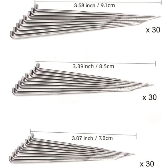 Drie sets zilverkleurige viltnaalden van 9.1 cm, 8.5 cm en 7.8 cm lang, met elk 30 stuks.
