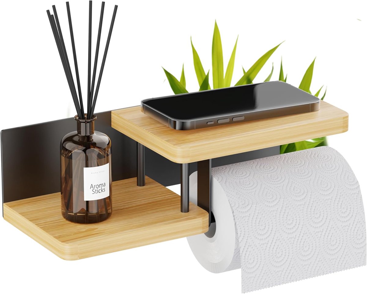 Bamboe en metaal - Toiletpapierhouder - ophangen zonder boren - dubbele plank - voor badkamer