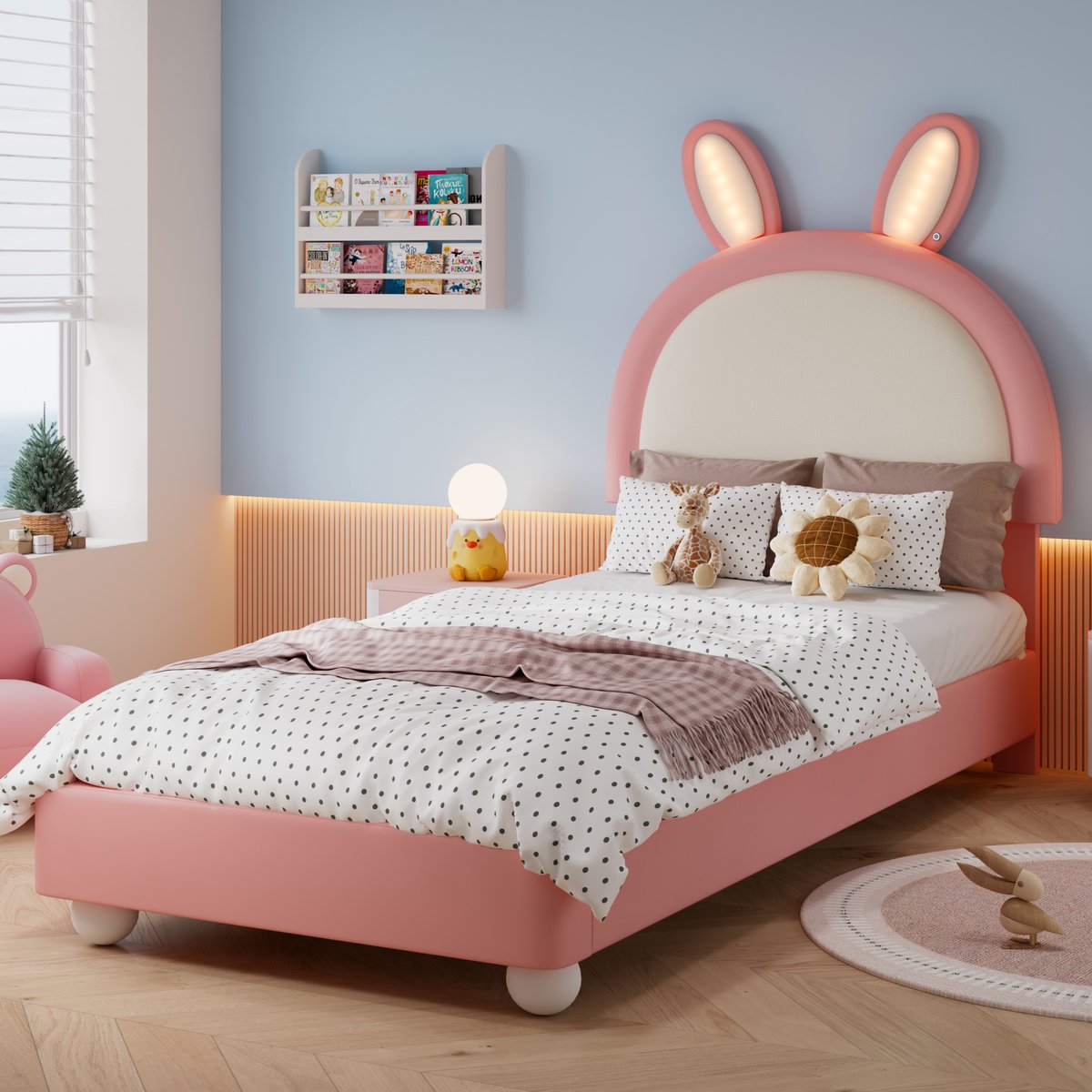 OKWISH Gestoffeerd Kinderbed 90x200 cm - Konijnen Hoofdbord met Ledverlichting - Met Lattenbodem - Zonder Matras - Pu - Roze Wit
