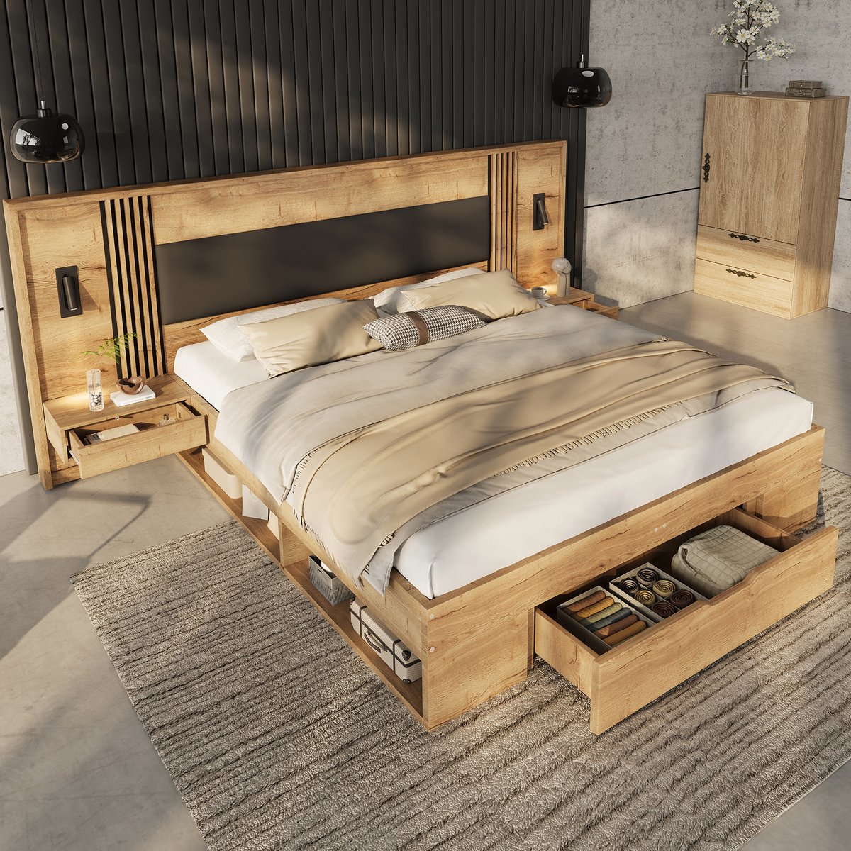 Clruro Tweepersoonsbed - 180x200 - Houten opbergbed met leeslamp, 2 nachtkastjes en lades - hout - natuurkleur - zonder matras Naturel