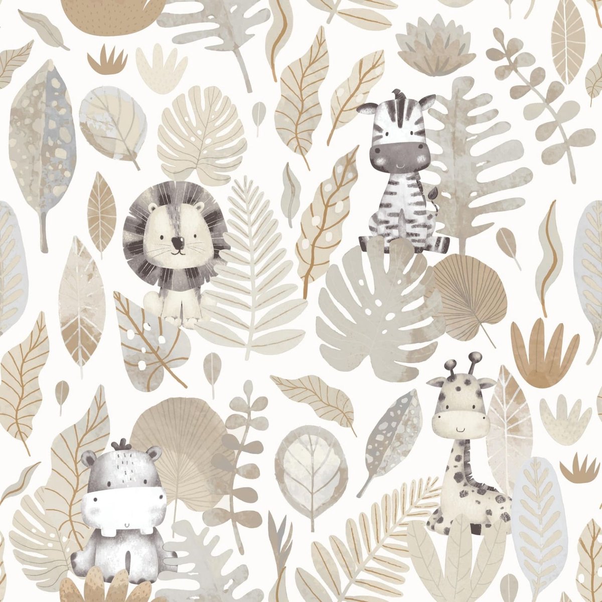 Behang - Jungle Dieren - Aquarel - Babykamer Neutraal - Wit Beige - Kinderkamer - Safari Behang - Nijlpaard Zebra Leeuw Giraf - 0,53 x 10,05 M - Happy