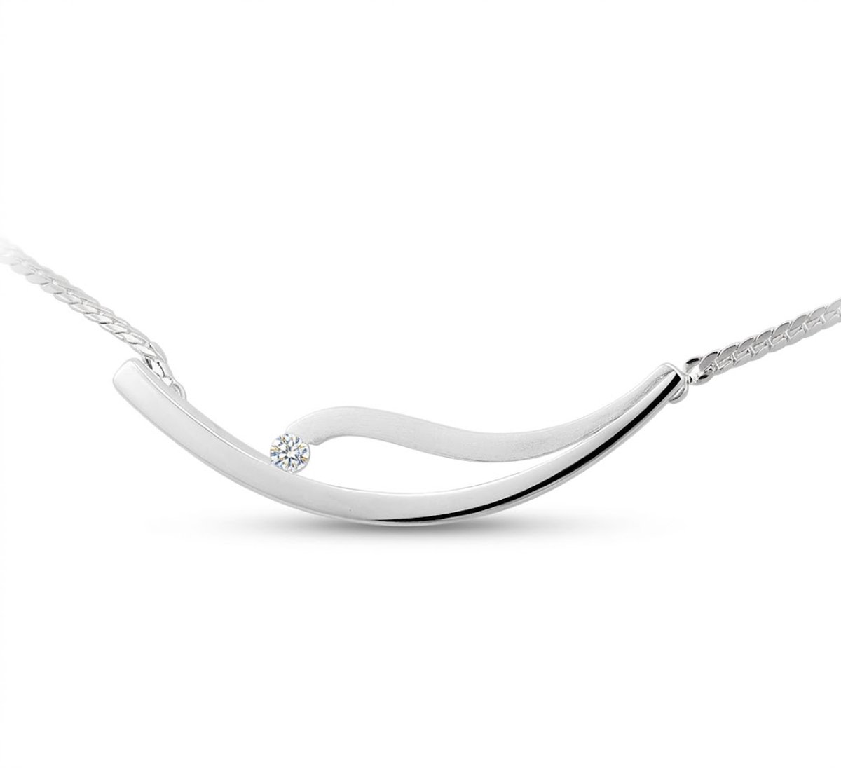 Mbrace Zilveren collier met golvende hanger en fonkelende zirkonia – elegante 925 zilveren damesketting met fijne schakelketting