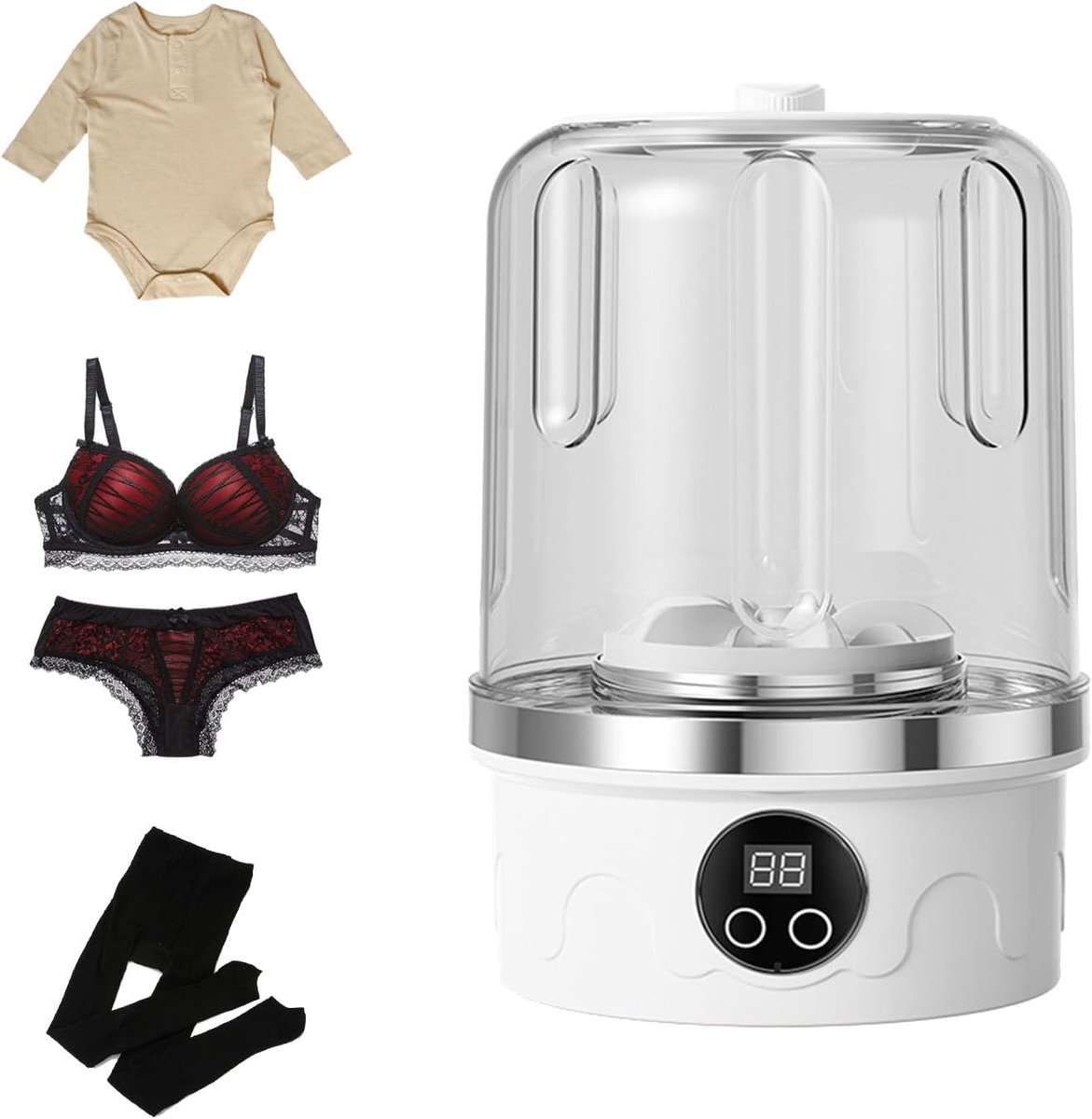 Draagbare mini-wasmachine (1,5 l), oplaadbaar en draadloos apparaat voor ondergoed/sokken; compact en stil – ideaal voor op reis, studentenkamers, campers en appartementen.