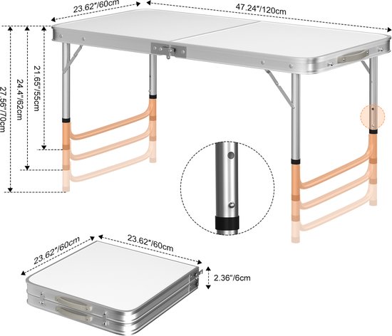 Opklapbare Picknicktafel Aluminium - Draagbaar buitentafel voor Camping Strand Tuin - Verstelbaar - wit- 120 x 60 x 70 cm — afbeelding 2