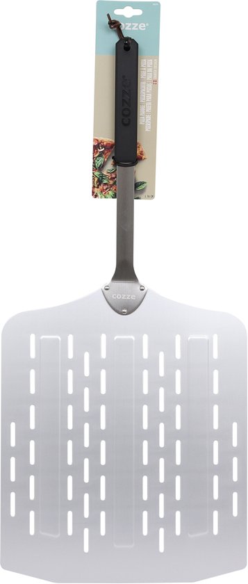 Grijze pizzalepel met geperforeerd blad en zwart handvat, van Cozze.