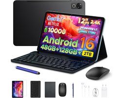 POCKAM P12 – Tablet – Tablets – 48 GB RAM (8+40 GB) – 128 GB ROM – 12 inch 2K 120 Hz IPS – Android 16 – 10000 mAh /18 W – T7280 Octa Core – Dubbele camera – WiFi 5 – Bluetooth – Face ID – Toetsenbord – Stylus meegeleverd – Zwart