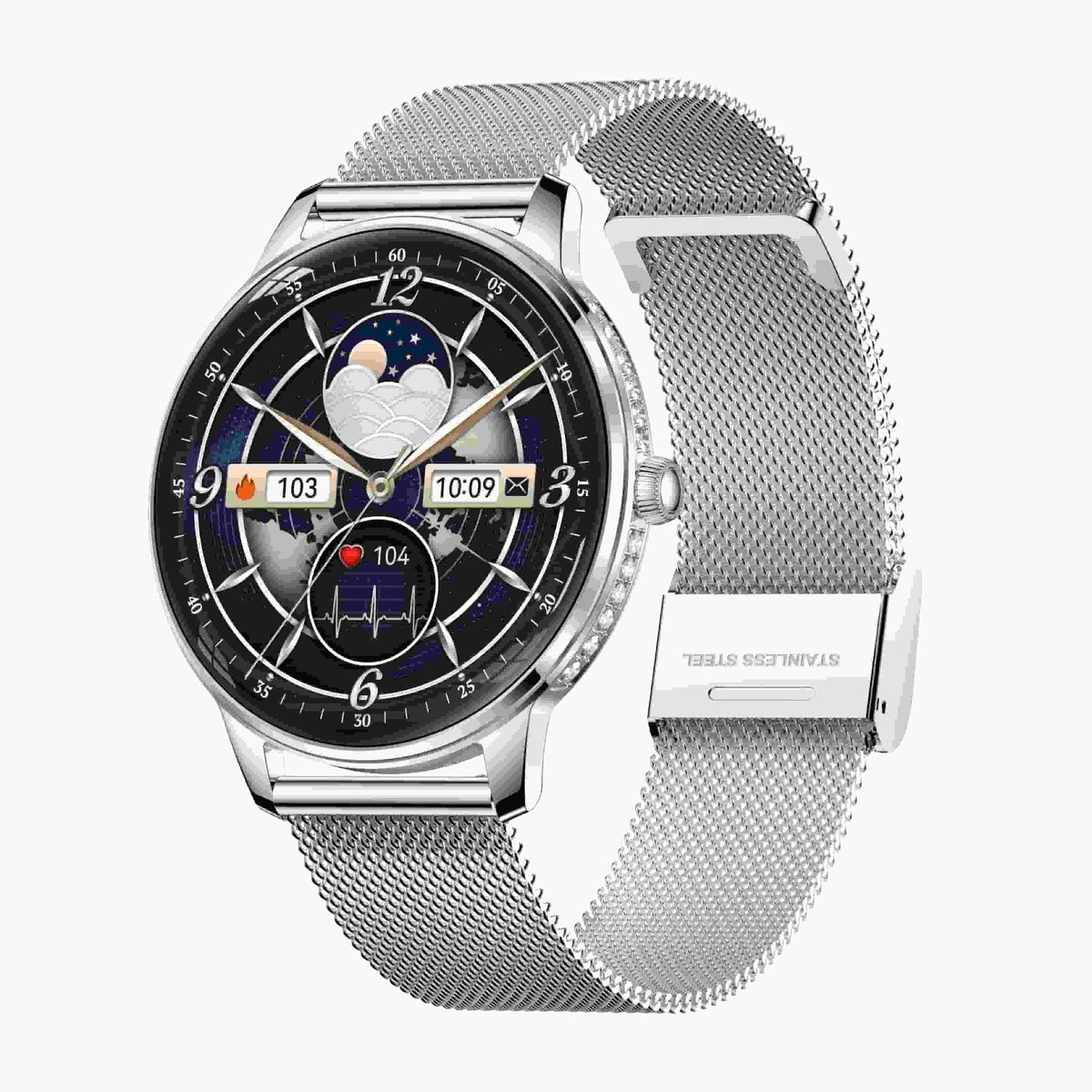 RAYOFI - Smartwatch - Nieuwe damessmartwatch 2026 - 1,57-inch sporthorloge - Met belfunctie - Hartslagmeting - Volledig touchscreen - Vierkant ontwerp - Stijlvol damessporthorloge - Zilver - Compatibel met Android 5.0+ / iOS 10.0+