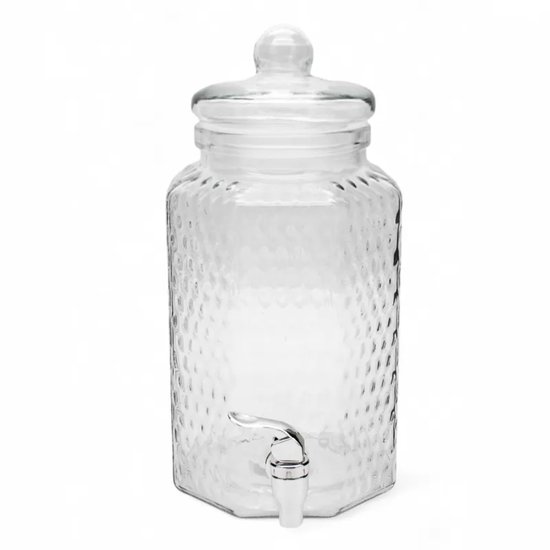 Glazen drankdispenser met honingraatstructuur en zilverkleurig kraantje, op een witte achtergrond.