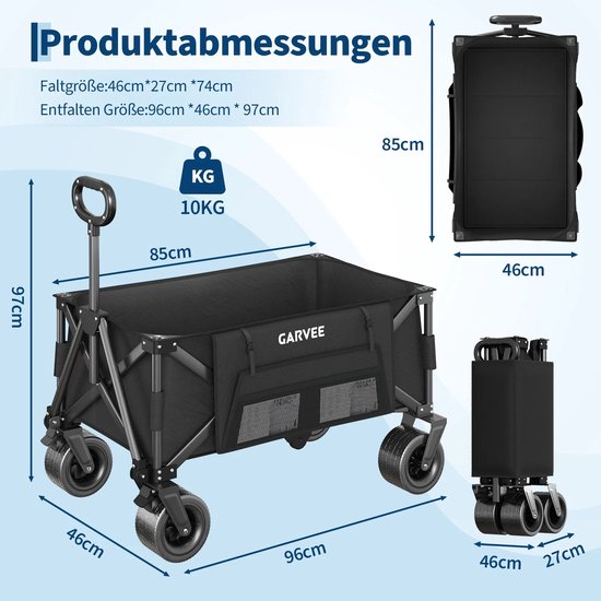 Bolderkar opvouwbaar - Camping trolley - Wagen Draagbare - Outdoor aanhangwagen - Grote Capaciteit - Picknick en Bbq - Bolderwagen met Duwstang - Wagen Strandkar - handkar op wieltjes - Zwart van Bolderkar Opvouwbaar — afbeelding 2
