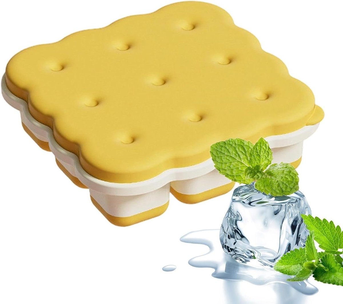 IJsblokjes Vorm - Vriezer Bakjes - Dranken Koelen - Met Deksel - 13x13x6 cm - Geel