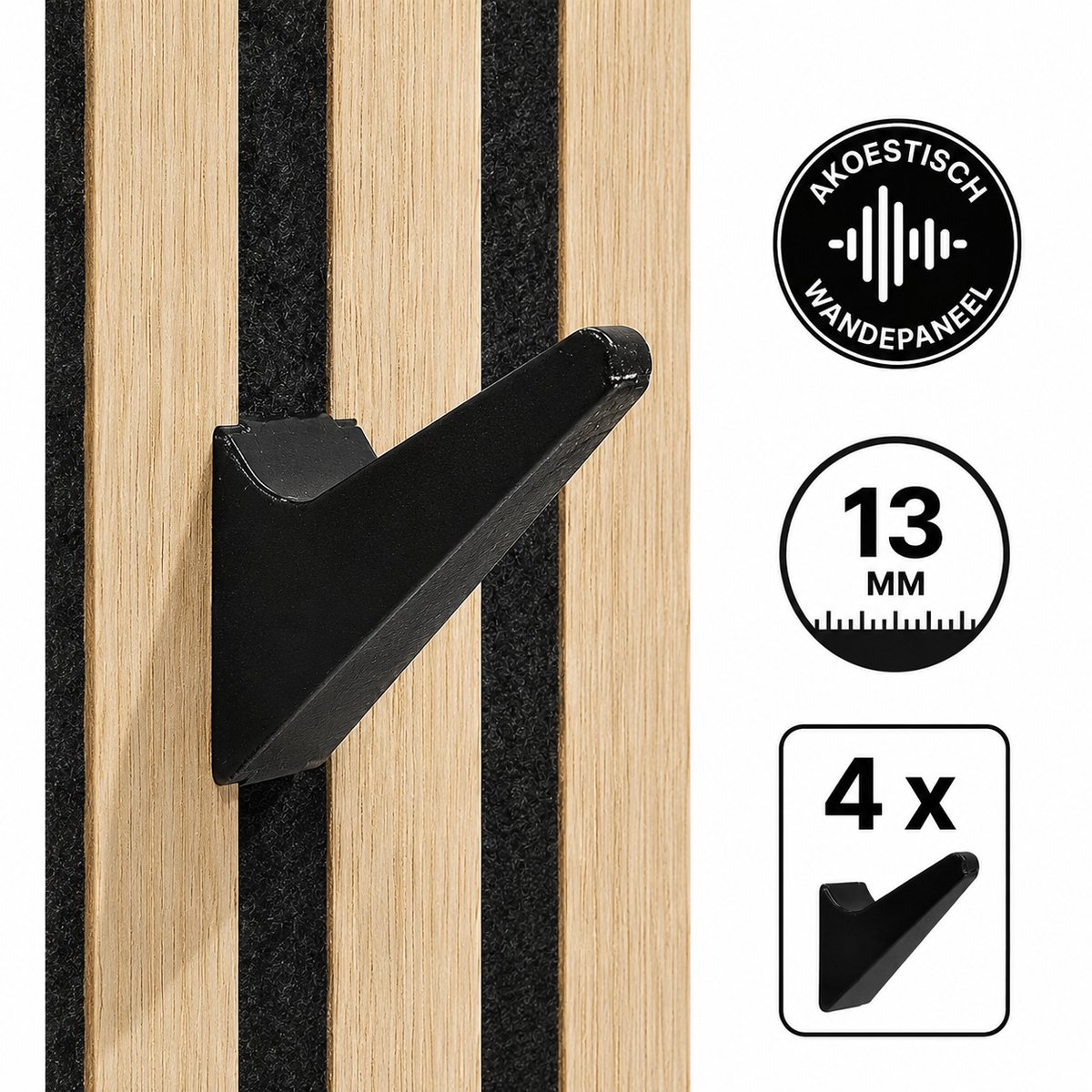 4 Stuks Kapstok Haken voor Akoestisch Wandpaneel - Wandpanelen Ophangen - Zelfklemmende Ophanghaken - Voor Lattenwand Akoestische Panelen - 13 Mm Breedte - 10 Mm Groefdiepte - Duurzame Bevestiging - Set Van 4 Stuks - 100% Gerecycled Kunststof - Zwart